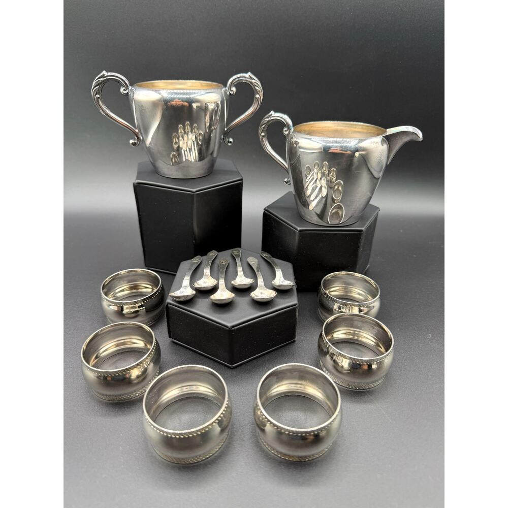 VTG WA Rogers SP Creamer & Sugar Bowl Set W/6 SP Teaspoons & 6 SP Napkin Rings